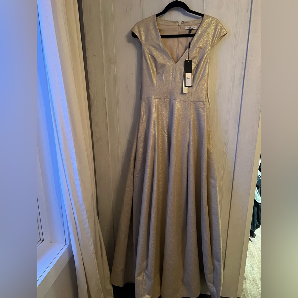 Brand new Halston pale gold formal dress
